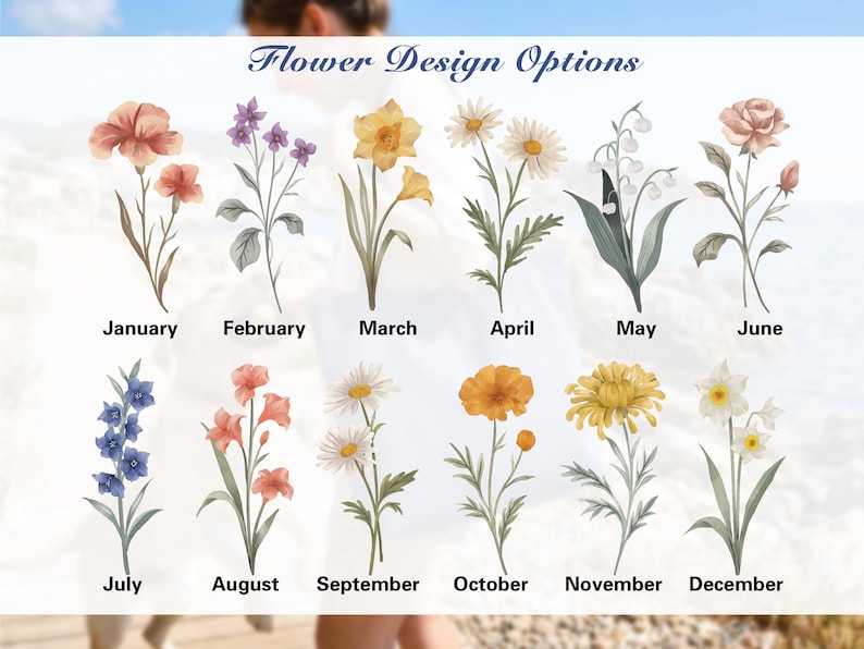 Puede incluir: Ilustraciones en acuarela de flores que representan cada mes del a&ntilde;o. La imagen incluye el texto "Flower Design Options" en la parte superior, con cada mes etiquetado debajo de su dise&ntilde;o floral correspondiente, de enero a diciembre.