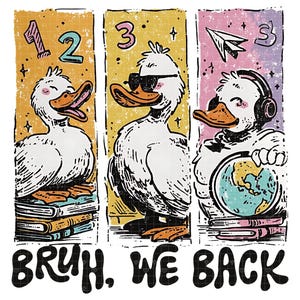 以下が含まれることがあります： 3つのパネルに分かれた漫画のアヒルのグラフィックデザイン。それぞれのアヒルはユニークなスタイルで、サングラスをかけているアヒルやヘッドホンをしているアヒルもいます。「BRUH, WE BACK」の文字が下にあります。背景色は黄色、ピンク、オレンジです。
