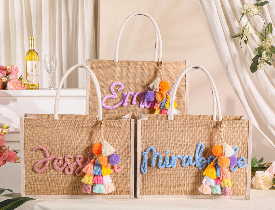 Personalized Bridesmaid Gift Bags, Burlap Tote Bag, Monogram Beach Tote ...