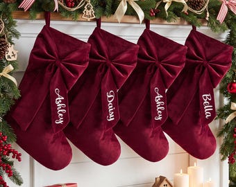 Embroidered Bow Christmas Stocking, 2026 Family Christmas Stocking, Velvet Bone Stocking, Christmas Gift, Holiday Decor