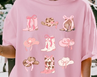 Comfort Colors  Pink Bow Hat Cowgirl Boots Shirt Country Concert Tshirt- Cute Pink Bow Cowgirl Shirt-Coquette Western Tee-Western Girl Shirt