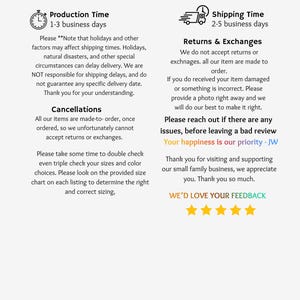 May include: Text on a white background details production and shipping times, return policies, and customer service information. The text includes phrases like "Production Time," "Shipping Time," and "Returns & Exchanges."