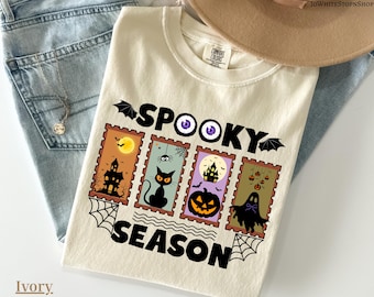 Koszulka z motywem upiornego sezonu, koszulka na Halloween, koszulka z duchem w stylu retro, koszulka z dyniowym sezonem, słodka koszulka z duchem i czarnym kotem, damska koszulka na Halloween, słodka koszulka jesienna