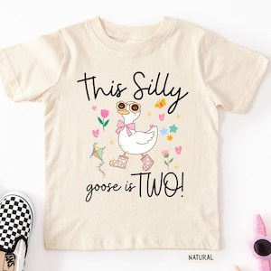May include: A natural-colored t-shirt featuring a graphic of a white goose wearing sunglasses, a pink bow, and pink plaid rain boots. The text reads This Silly goose is TWO! surrounded by small illustrations of flowers, hearts, stars, and a kite.