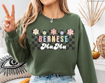 Bernese Mom Sweatshirt-Checkered Bernese Mountain Dog Sweatshirt-Floral Bernese Mama Sweatshirt-Bernese Mom Gift-Bernese Mama Dog Shirt Gift