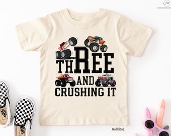 Camisetas de cumpleaños de Monster Truck "Tres y aplastándolo", camiseta de cumpleaños de Monster Truck para el tercer año,