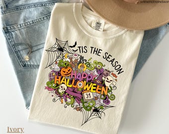 快適なカラーの季節のハロウィンシャツ - ハッピーハロウィンシャツ - 不気味な季節のギフトTシャツ - レトロなゴーストハロウィン -