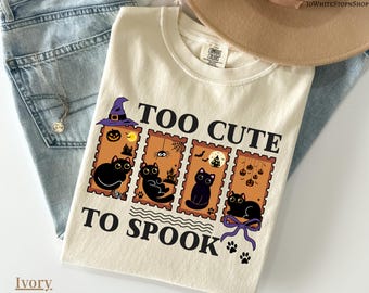 Maglietta "Too Cute to Spook Cat" - Maglietta con gatto di Halloween - Maglietta con gatto carino per Halloween - Maglietta con mamma gatto - Regalo per amanti dei gatti - Maglietta retrò autunnale con gatto - Maglietta a forma di pipistrello