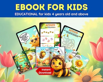 Może przedstawiać: E-book dla dzieci z treściami edukacyjnymi dla dzieci w wieku od 4 lat. Obraz zawiera ilustracje pszczół, kwiatów i słońca, a także tablety wyświetlające aktywności. Widoczne są również słowa "Natychmiastowe pobieranie".