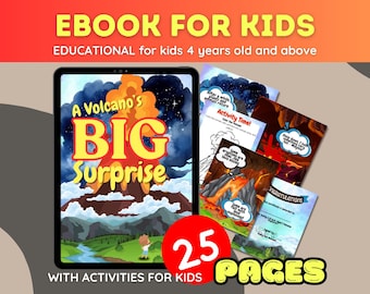 Könnte beinhalten: Ein E-Book für Kinder mit dem Titel "A Volcano's Big Surprise" wird auf einem Tablet angezeigt, zusammen mit Aktivitätsseiten. Das Cover zeigt eine Vulkanillustration. Der Text lautet "Bildung für Kinder ab 4 Jahren" und "25 Seiten".