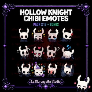 Op de afbeelding: Een digitale collectie van twaalf Hollow Knight chibi-emotes plus een bonus, met het wit gemaskerde personage in verschillende uitdrukkingen. De tekst luidt HOLLOW KNIGHT CHIBI EMOTES PACK X12 + BONUS en LaMoronguita Studio.