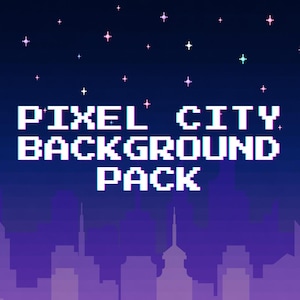 May include: A digital graphic featuring a dark blue night sky filled with small white and pink pixelated stars above a purple silhouette of a city skyline. The text PIXEL CITY BACKGROUND PACK is displayed in white pixelated font in the centre.