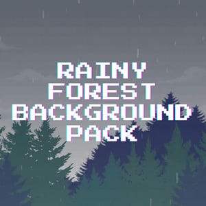 Puede incluir: Un gráfico digital que muestra una escena de bosque en pixel art con pinos de color verde oscuro sobre un cielo gris y lluvioso. El texto blanco pixelado en el centro dice RAINY FOREST BACKGROUND PACK, sobre un fondo de lluvia cayendo.