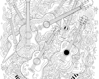 Music themed guitar coloring page for marker, colored pencil or paint.
