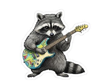 Lustige Waschbär Gitarristin Aufkleber, niedliches Tierdekor, lustige Musik Geschenke, Laptop Aufkleber, Naturliebhaber Accessoires