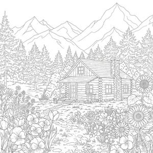 Könnte beinhalten: Eine Schwarzweiß-Zeichnung einer Hütte im Wald. Die Hütte hat einen Holzofen und eine Veranda. Im Hintergrund sind Berge und im Vordergrund Blumen zu sehen.