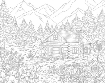 Cabin in the woods escape coloring page for adults. Complex design with flowers, trees and cabin. Perfect for nature lovers.