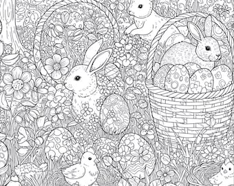 May include: A black and white illustration of a spring scene with bunnies, eggs, and birds. The bunnies are holding baskets of eggs and there are flowers and leaves throughout the image.
