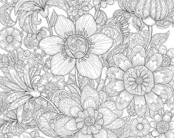 Flower theme square shape, complex coloring design for crayons, markers, or coloring pencil art.