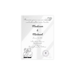 Pacote de cartões postais RSVP de casamento moderno com envelope - casal ilustrado e código QR