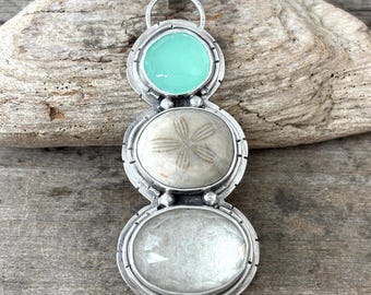 Sand Dollar Fossil, Aqua Chalcedony, Gulf Coast Beach Sand, Sterling Silver Necklace