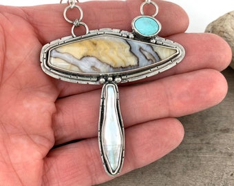 Channel Wood, Pearl, and Turquoise Sterling Silver Statement Necklace