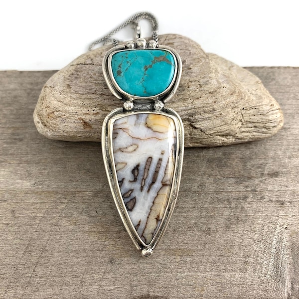 Petrified Channel Wood and Turquoise Sterling Silver Statement Necklace