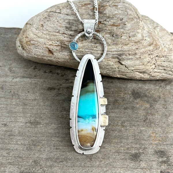 Reserved for Dianna Blue Opal Wood Necklace Sterling Silver 14K Blue Topaz