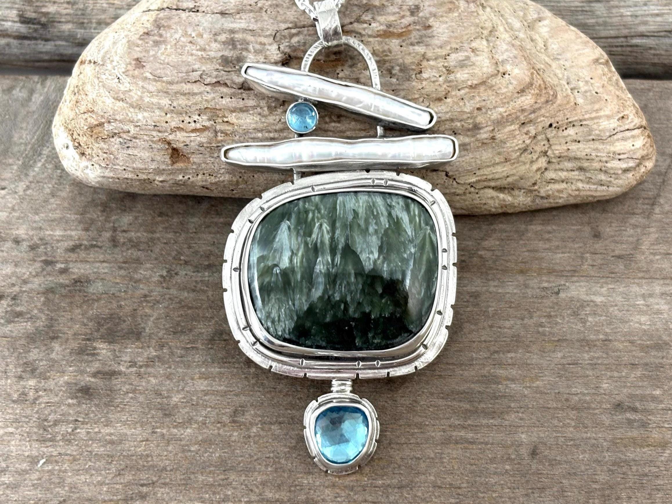 Seraphinite, Stick Pearls, Blue Topaz Sterling Silver Pendant Necklace