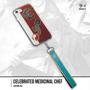 May include: Clear phone case with a red and black design, a white stripe, and a lanyard. The lanyard is teal with a gold border and a white star design. The text "CELEBRATED MEDICINAL CHEF" is at the bottom.