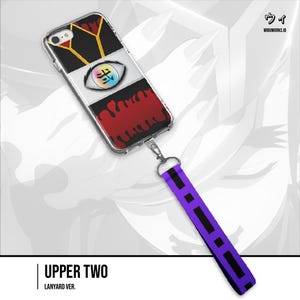 May include: A clear phone case with a graphic design featuring black, red, and white elements, and a purple lanyard. The design includes an eye symbol and the text "UPPER TWO". The lanyard has black rectangular accents.