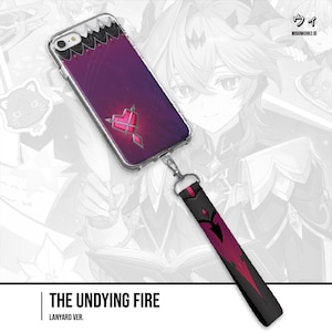 May include: Clear phone case with a purple and pink design, attached to a black and red lanyard. The phone case features a heart-shaped graphic. The lanyard has the text "THE UNDYING FIRE" and "LANYARD VER."