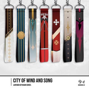May include: Seven fabric lanyards with metal lobster clasps, each featuring distinct vertical patterns in colors including black, white, blue, red, and beige. The text City of Wind and Song Lanyard Keychain Series is printed at the bottom.