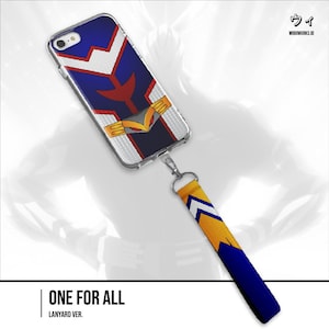 May include: Clear phone case featuring a blue, white, and red design, connected to a lanyard. The lanyard is yellow and blue with a silver clasp. Text on the case reads "ONE FOR ALL, LANYARD VER."