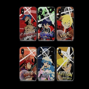 Funda para teléfono Samsung iPhone con diseño estilizado de robot perforador gigante galáctico mecha y personajes del equipo de anime TTGL