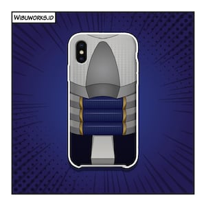 Pode incluir: Uma capa de telefone com um design com uma placa de peito blindada cinza e azul. A capa tem uma borda branca e o texto "WIBUWORKS.ID" no canto superior esquerdo. O fundo é azul escuro com linhas radiais brancas.