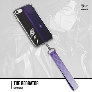 Puede incluir: Una funda transparente para smartphone con un diseño en morado oscuro y negro, un gráfico de ojo estilizado y una pequeña estrella de cuatro puntas. Incluye una correa de muñeca de tela morada con patrón de rombos. Texto: THE REGRATOR LANYARD VER.