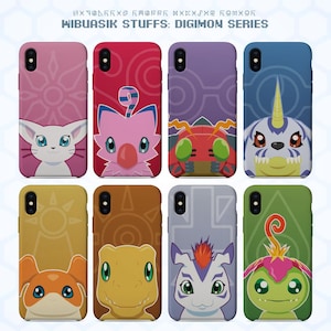 May include: A collection of phone cases featuring colorful cartoon character designs. The cases are in various colors, including pink, red, purple, and blue. The text "WIBUASIK STUFFS: DIGIMON SERIES" is at the top.