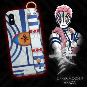 May include: A white and blue phone case with a matching wrist strap. The case features a design with blue stripes and an eye-shaped emblem with Japanese characters. A character illustration is on the right side of the image.