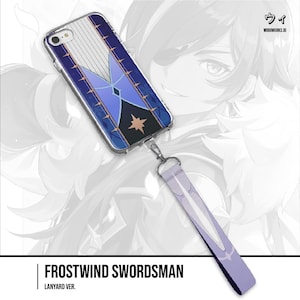 May include: Clear phone case with a blue and white geometric design and a matching lanyard. The case features a star and diamond pattern. The text "Frostwind Swordsman" is at the bottom.