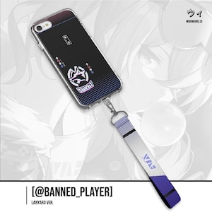 Puede incluir: Funda de teléfono inteligente negra con un cordón. La funda presenta un diseño con un logotipo blanco y rosa y el texto "MIKAY". El cordón es blanco y morado con el texto "WIBU". El texto "[@BANNED_PLAYER] LANYARD VER." está en la parte inferior.