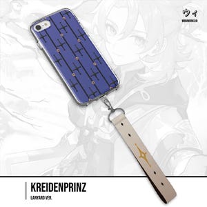 May include: A clear phone case featuring a blue pattern of swords and diamonds, connected to a beige lanyard. The lanyard has a gold design and a silver clasp. The text "KREIDENPRINZ" is at the bottom.