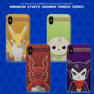 May include: A collection of phone cases featuring Digimon characters. Each case displays a different character design on a colored background. The cases are yellow, green, red, and purple, with the text "WIBUASIK STUFFS: DIGIMON TAMERS SERIES" at the top.