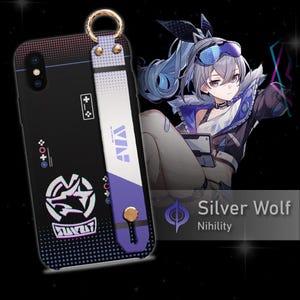 May include: A black phone case with a purple and white design featuring a wolf and the text "Silver Wolf Nihility". The case has a detachable strap with a gold ring.