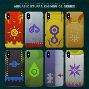 May include: A collection of eight phone cases featuring colorful designs from the Digimon 02 series. Each case has a unique pattern, including symbols, shapes, and color combinations like red, yellow, blue, and green. The cases are displayed on a dark green background.