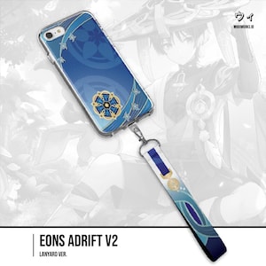May include: A clear phone case with a blue and gold design, connected to a matching lanyard. The case has a floral emblem and star accents. The lanyard is white with a blue stripe and a decorative charm. Text on the image reads "EONS ADRIFT V2".
