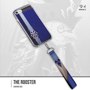 May include: A clear phone case featuring a deep blue design with a light blue vertical stripe and a white circular emblem, attached to a matching blue and tan fabric lanyard with a dark blue cross-shaped icon. The text THE ROOSTER LANYARD VER. is visible.