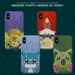 May include: Five phone cases with colorful Digimon character designs. The cases are in purple, red, blue, green, and yellow. The text at the top reads "HIBUASIK STUFFS: DIGIMON 02 SERIES". Each case features a different Digimon character.