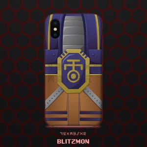 May include: A phone case with a colorful design. The case features a combination of orange, purple, and yellow colors. The design includes a stylized emblem and the word "BLITZMON" at the bottom. The case is designed to fit a smartphone.