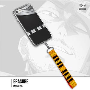 May include: Clear phone case with a black and silver design, attached to a yellow and black lanyard. The lanyard has a repeating pattern of black rectangles. The word "ERASURE" is printed at the bottom.